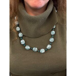 Handmade Boho Beaded Necklace White Green Geometric Resin Statement